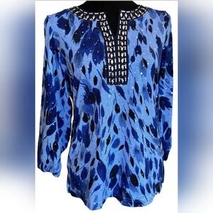 Cathy Daniels Blue Embelished 3/4 Sleeve Top Size L
